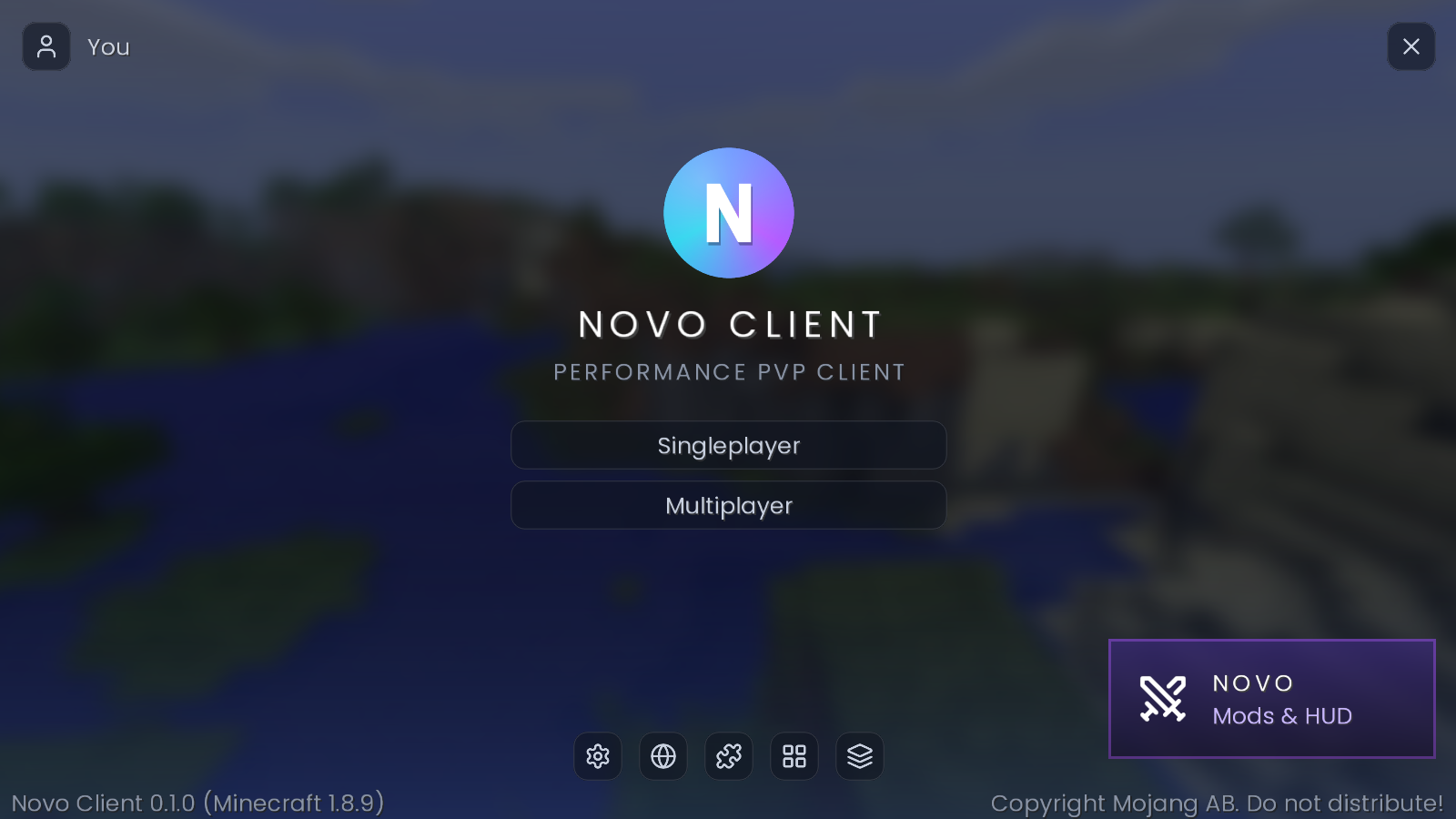 The in-game main menu with the Novo Client panel