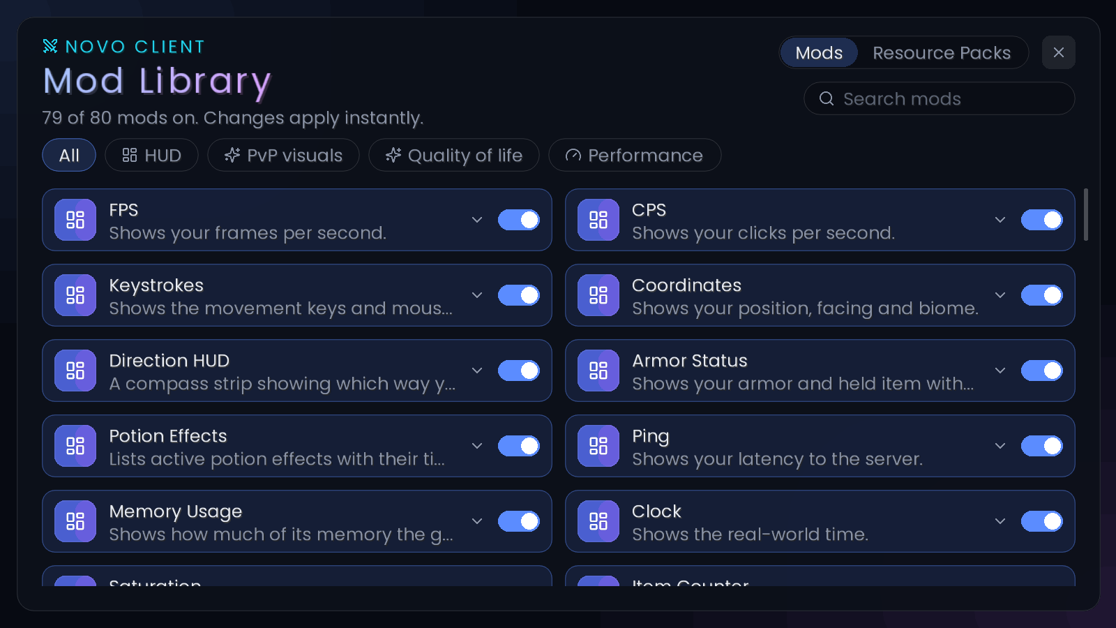 The in-game module list with per-module settings
