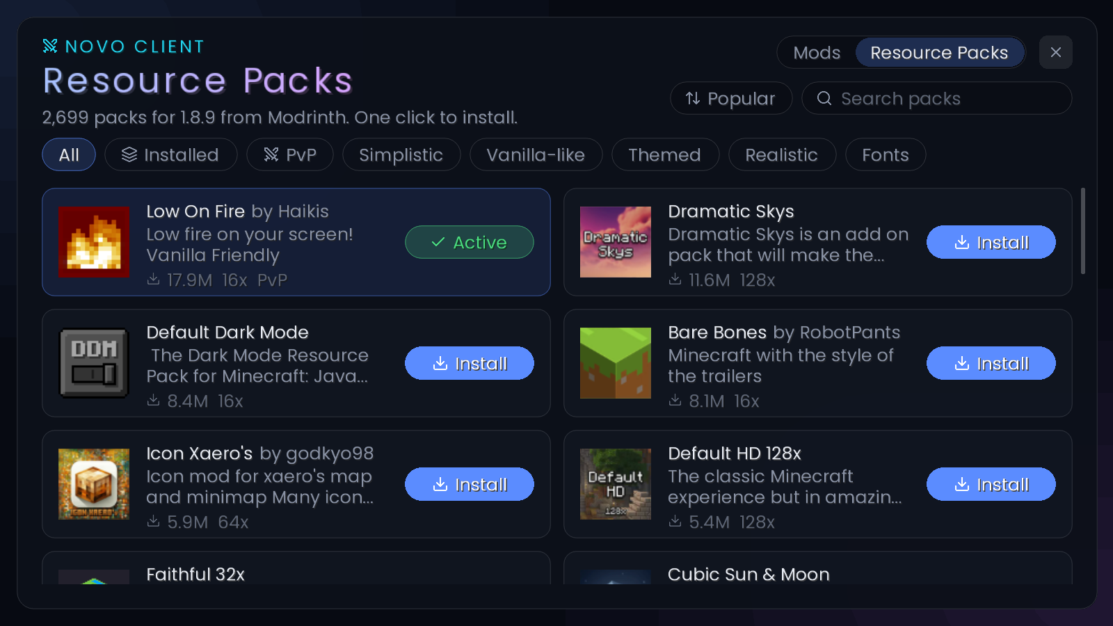 The in-game resource pack browser
