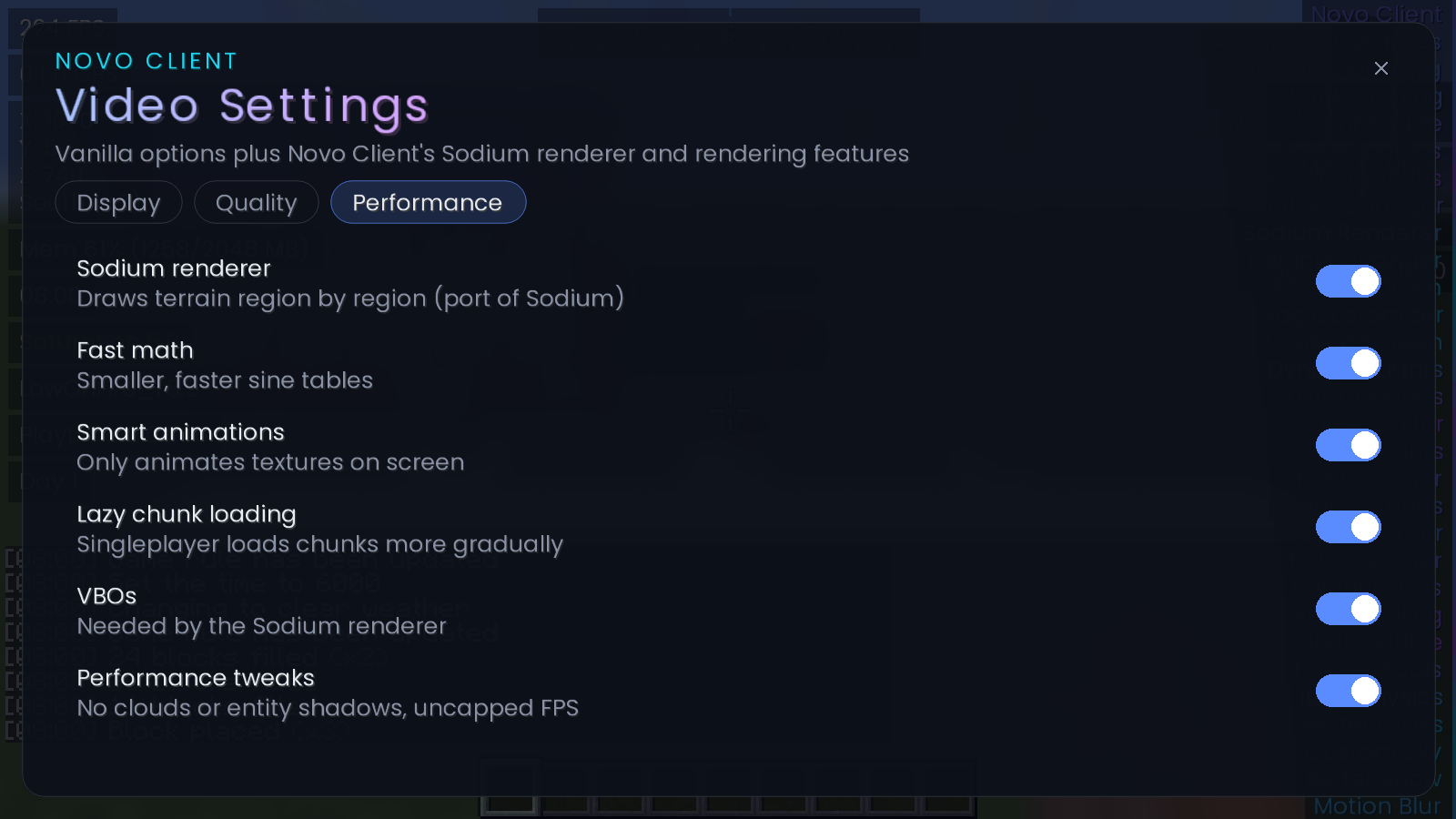 Video settings showing the Sodium renderer options