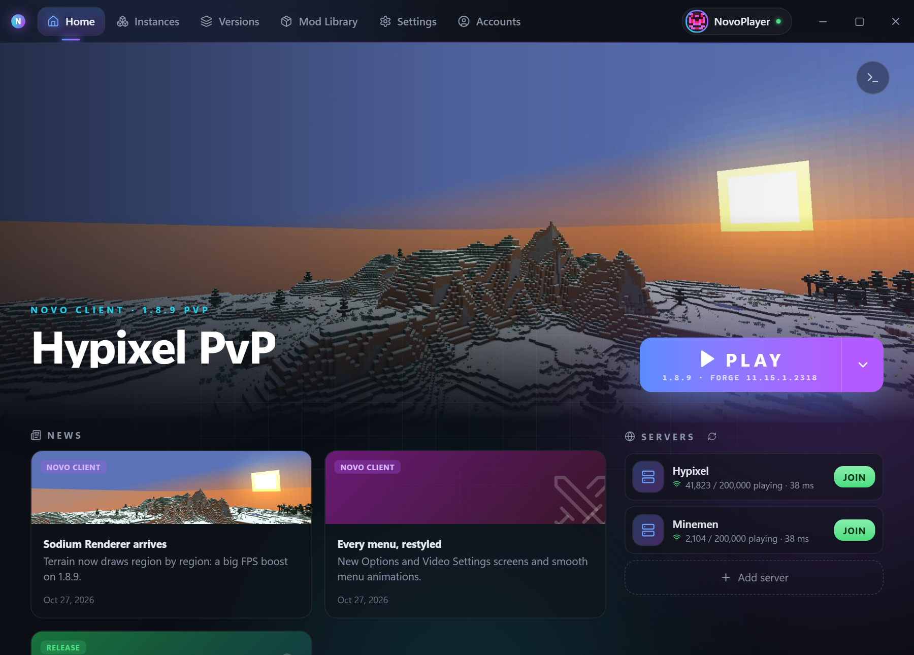 The Novo Client launcher home screen, with one Play button and a list of instances